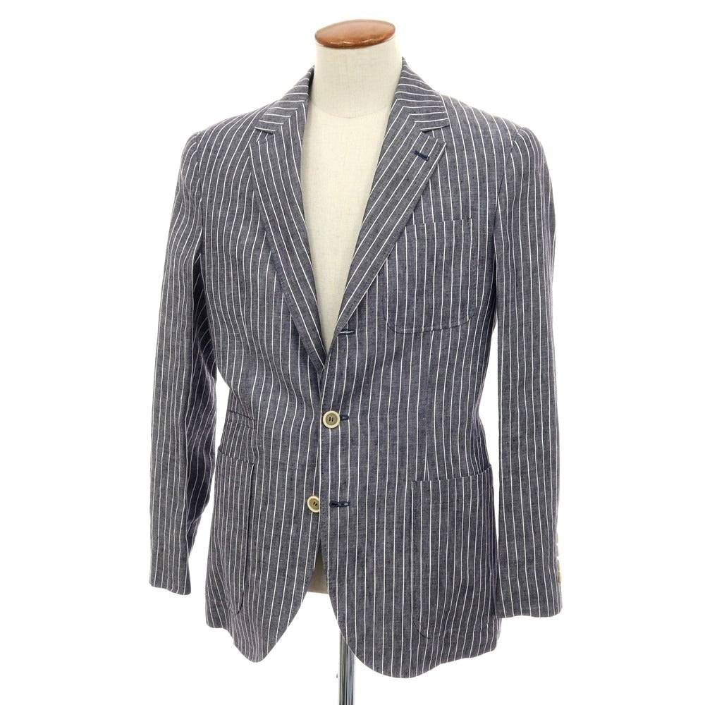 【新品】ブルネロクチネリ Brunello Cucinelli リネン ストライプ テーラードジャケット ネイビーxホワイト【サイズ46】【 状態ランクN 】【 メンズ 】[EPD]
