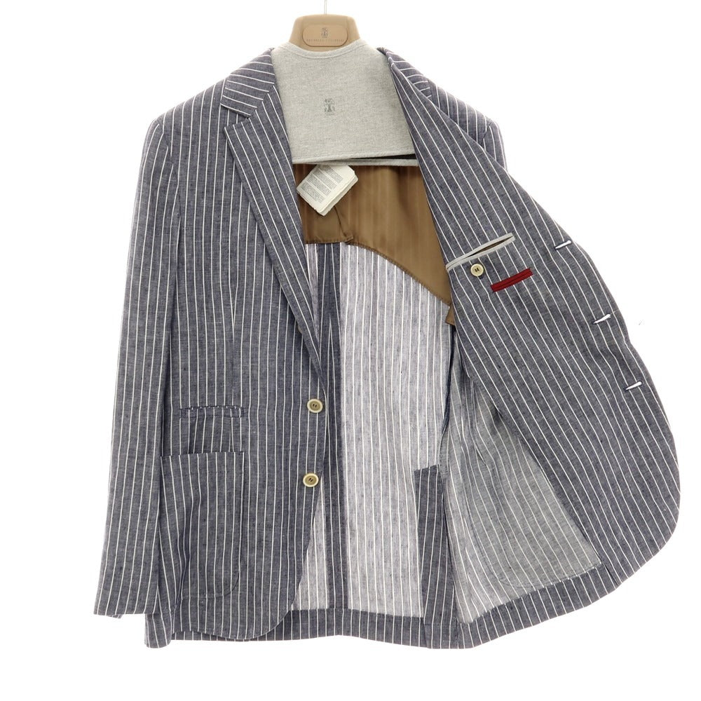 【新品】ブルネロクチネリ Brunello Cucinelli リネン ストライプ テーラードジャケット ネイビーxホワイト【 46 】【 状態ランクN 】【 メンズ 】