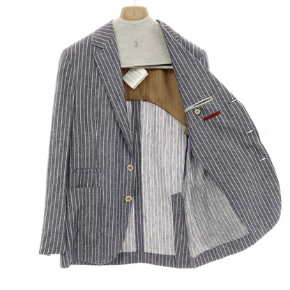 【新品】ブルネロクチネリ Brunello Cucinelli リネン ストライプ テーラードジャケット ネイビーxホワイト【 46 】【 状態ランクN 】【 メンズ 】
