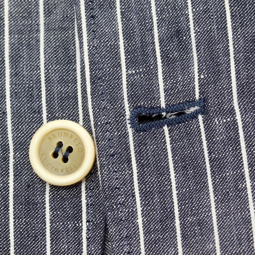 【新品】ブルネロクチネリ Brunello Cucinelli リネン ストライプ テーラードジャケット ネイビーxホワイト【 46 】【 状態ランクN 】【 メンズ 】