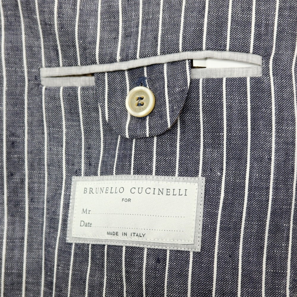 【新品】ブルネロクチネリ Brunello Cucinelli リネン ストライプ テーラードジャケット ネイビーxホワイト【 46 】【 状態ランクN 】【 メンズ 】