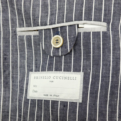【新品】ブルネロクチネリ Brunello Cucinelli リネン ストライプ テーラードジャケット ネイビーxホワイト【 46 】【 状態ランクN 】【 メンズ 】