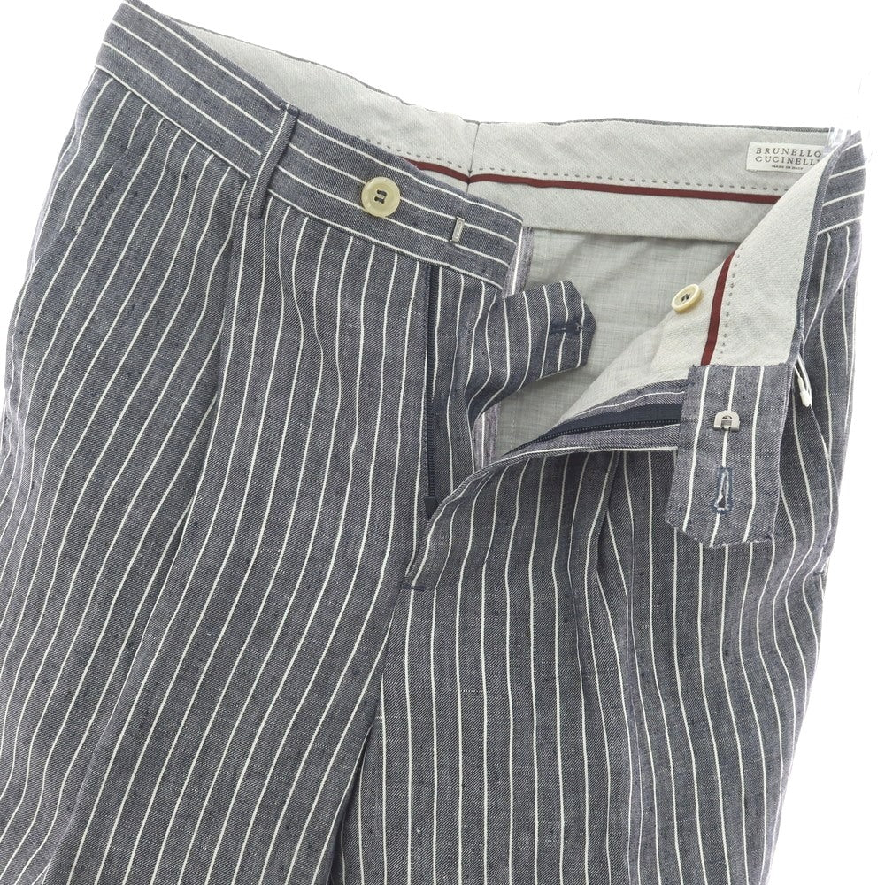 【新品】ブルネロクチネリ Brunello Cucinelli リネン ストライプ カジュアルスラックスパンツ ネイビーxホワイト【サイズ44】【 状態ランクN 】【 メンズ 】[BPD]