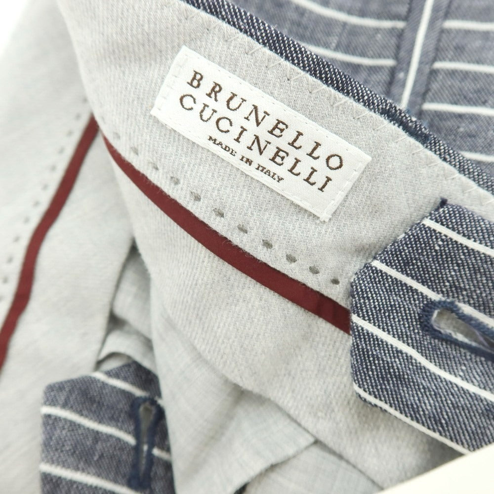 【新品】ブルネロクチネリ Brunello Cucinelli リネン ストライプ カジュアルスラックスパンツ ネイビーxホワイト【サイズ44】【 状態ランクN 】【 メンズ 】[BPD]