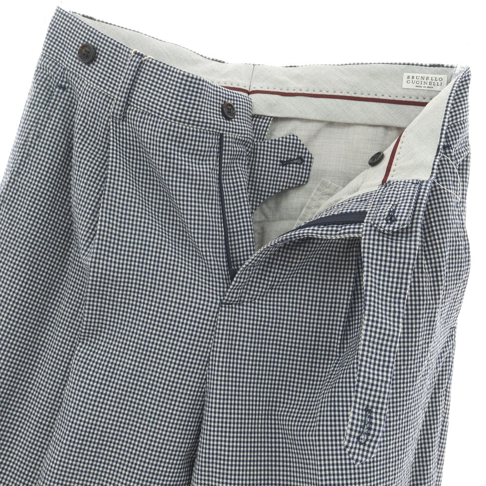 【新品】ブルネロクチネリ Brunello Cucinelli ストレッチ ウール ギンガムチェック カジュアルスラックスパンツ ネイビーxホワイト【サイズ44】【 状態ランクN 】【 メンズ 】