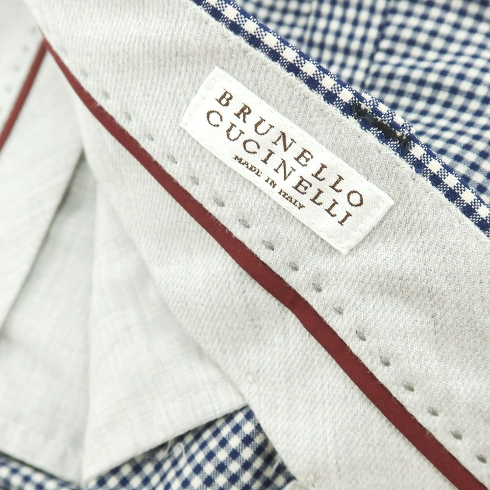 【新品】ブルネロクチネリ Brunello Cucinelli ストレッチ ウール ギンガムチェック カジュアルスラックスパンツ ネイビーxホワイト【サイズ44】【 状態ランクN 】【 メンズ 】[CPD]