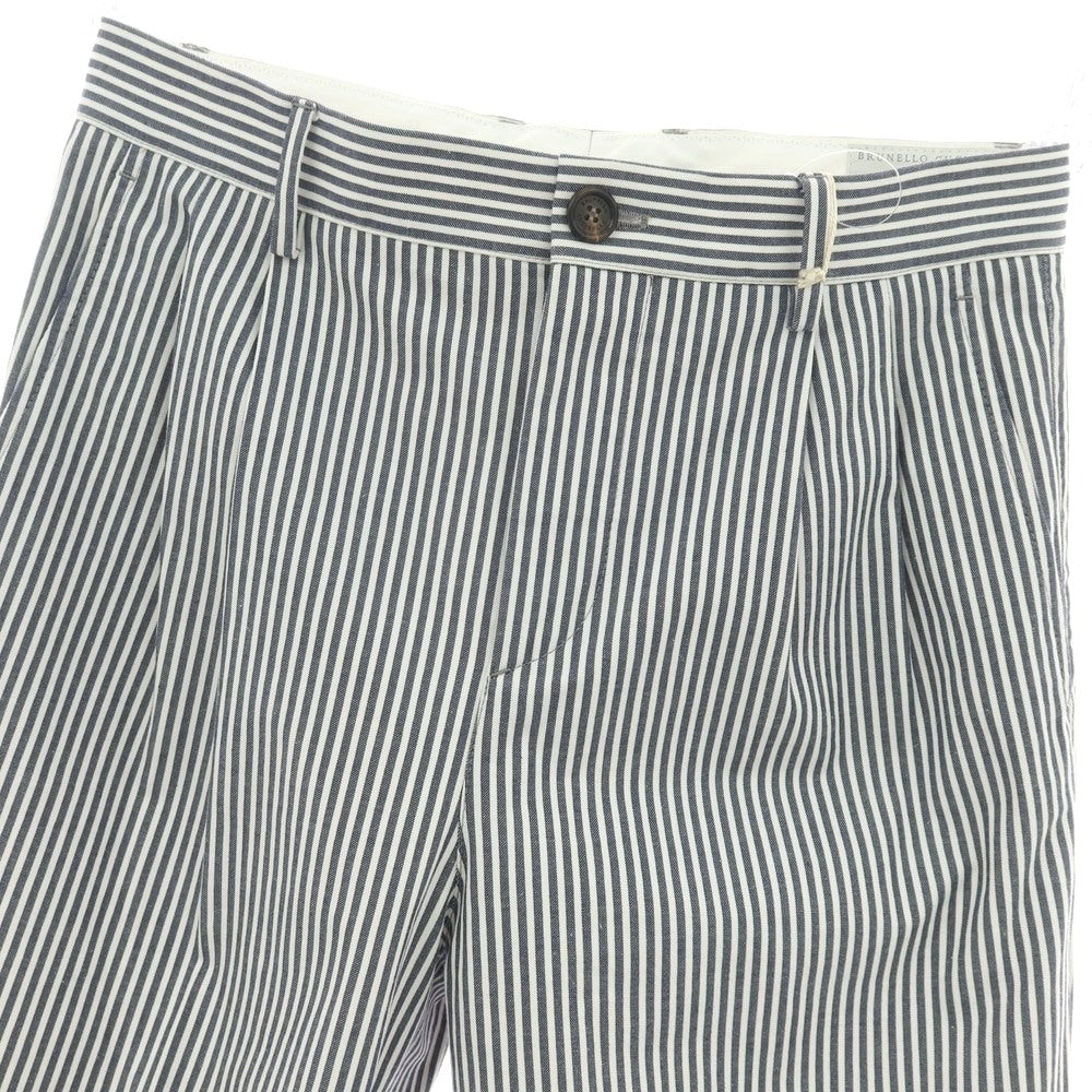 【新品】ブルネロクチネリ Brunello Cucinelli ストレッチ コットン ストライプ カジュアルスラックスパンツ ネイビーxホワイト【サイズ46】【 状態ランクN 】【 メンズ 】