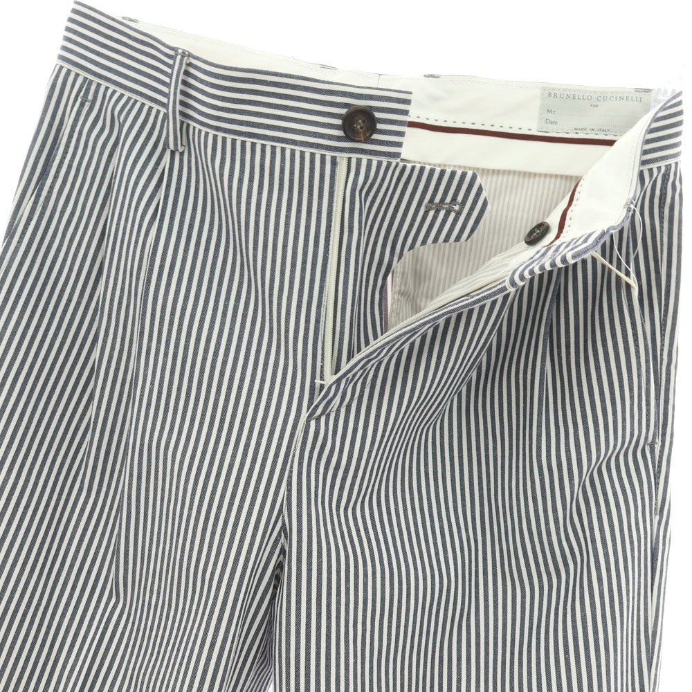 【新品】ブルネロクチネリ Brunello Cucinelli ストレッチ コットン ストライプ カジュアルスラックスパンツ ネイビーxホワイト【サイズ46】【 状態ランクN 】【 メンズ 】