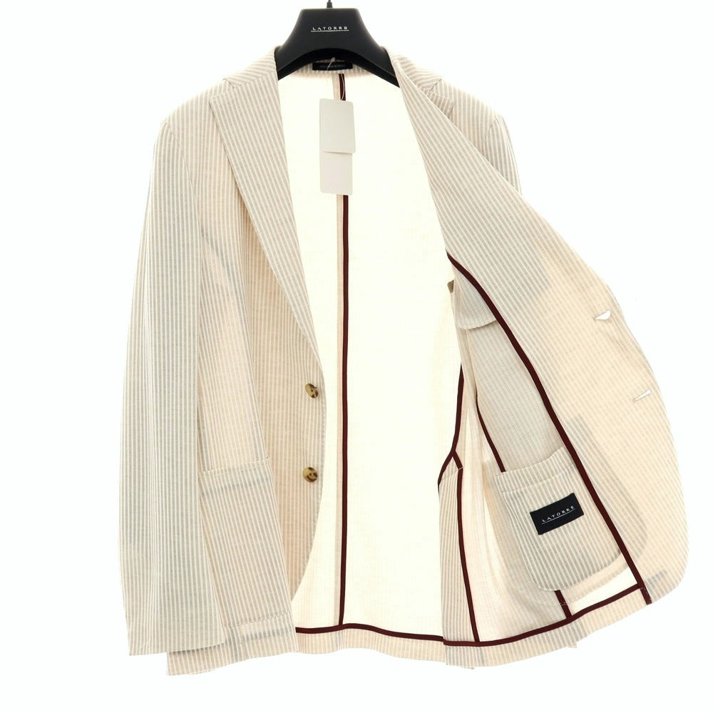 【新品】サルトリア ラトーレ SARTORIA LATORRE コットンジャージー ストライプ カジュアルジャケット ベージュxホワイト【 50 】【 状態ランクN 】【 メンズ 】