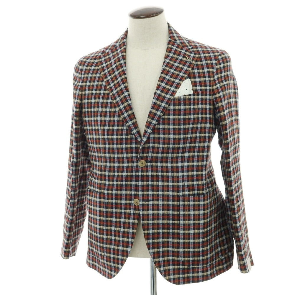 【新品】パオローニ PAOLONI リネンコットン チェック 2B カジュアルジャケット レッドxネイビー系【 50 】【 状態ランクN 】【 メンズ 】