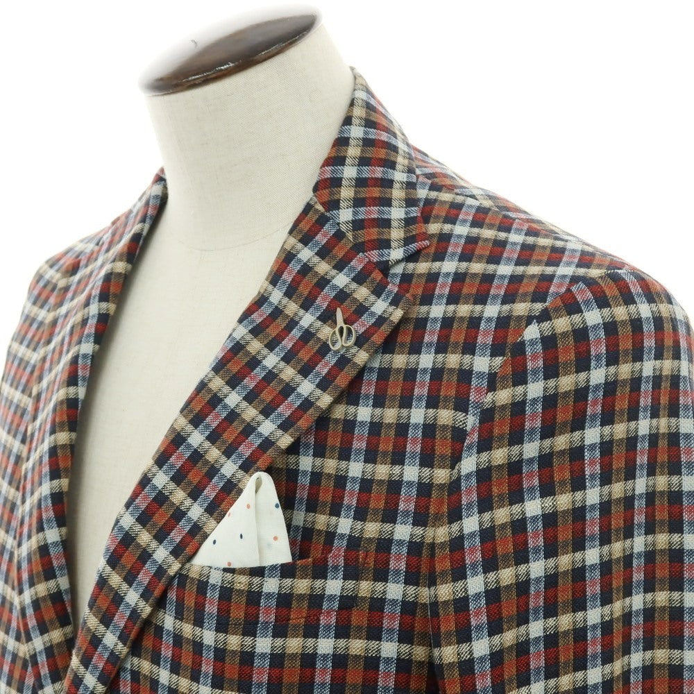 【新品】パオローニ PAOLONI リネンコットン チェック 2B カジュアルジャケット レッドxネイビー系【 50 】【 状態ランクN 】【 メンズ 】