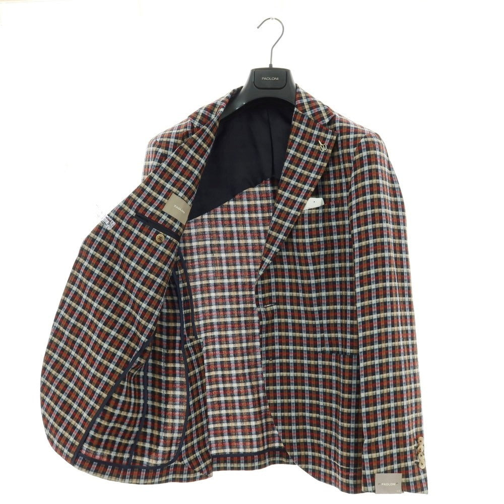 【新品】パオローニ PAOLONI リネンコットン チェック 2B カジュアルジャケット レッドxネイビー系【 50 】【 状態ランクN 】【 メンズ 】