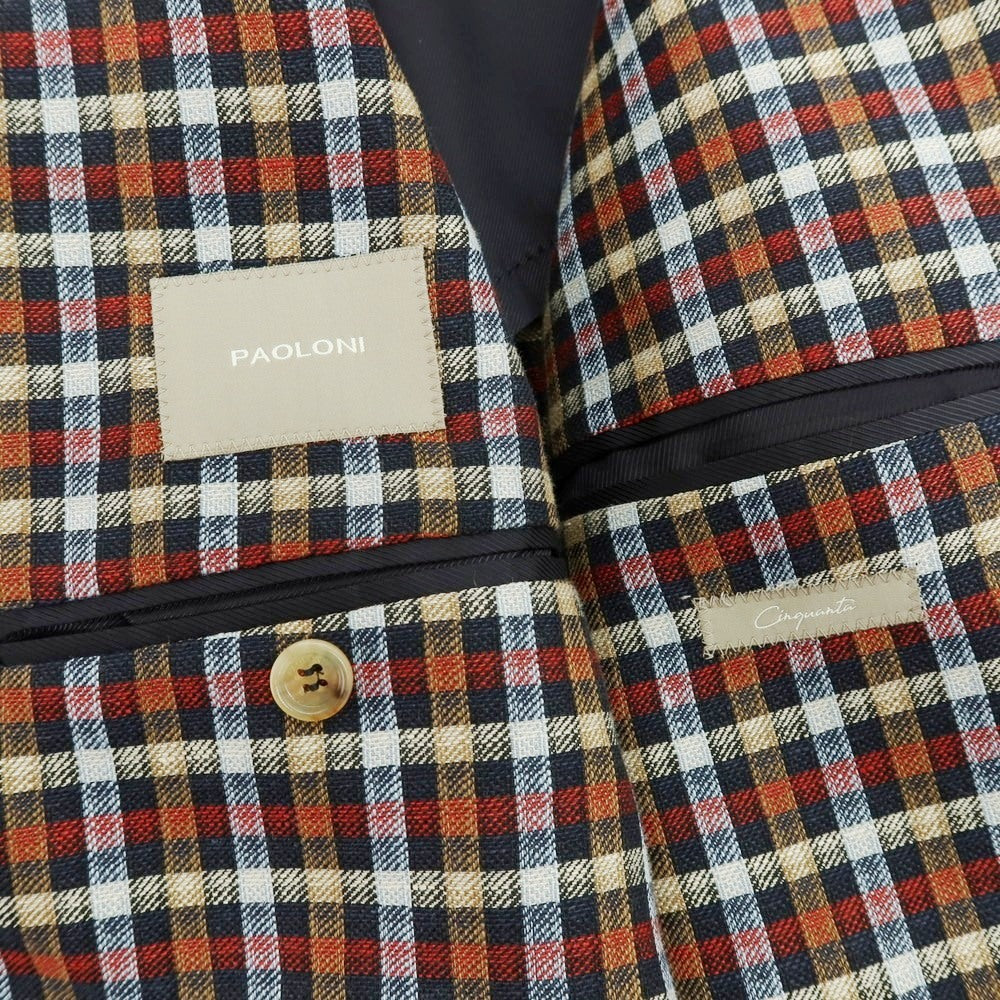 【新品】パオローニ PAOLONI リネンコットン チェック 2B カジュアルジャケット レッドxネイビー系【 50 】【 状態ランクN 】【 メンズ 】