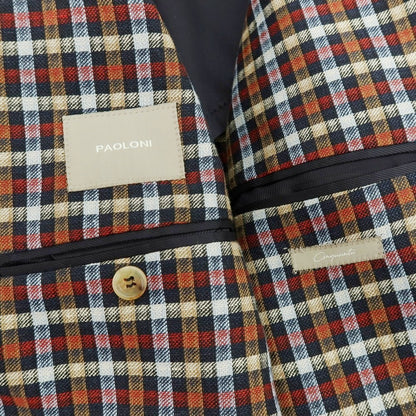 【新品】パオローニ PAOLONI リネンコットン チェック 2B カジュアルジャケット レッドxネイビー系【 50 】【 状態ランクN 】【 メンズ 】