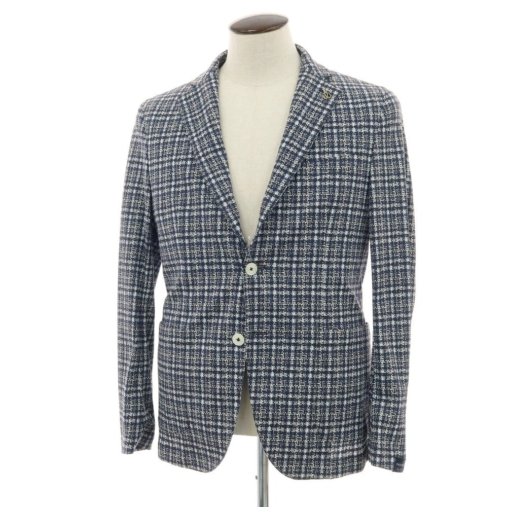 【新品】パオローニ PAOLONI コットン ジャージー チェック プリント 2B カジュアルジャケット ネイビー【 50 】【 状態ランクN 】【 メンズ 】