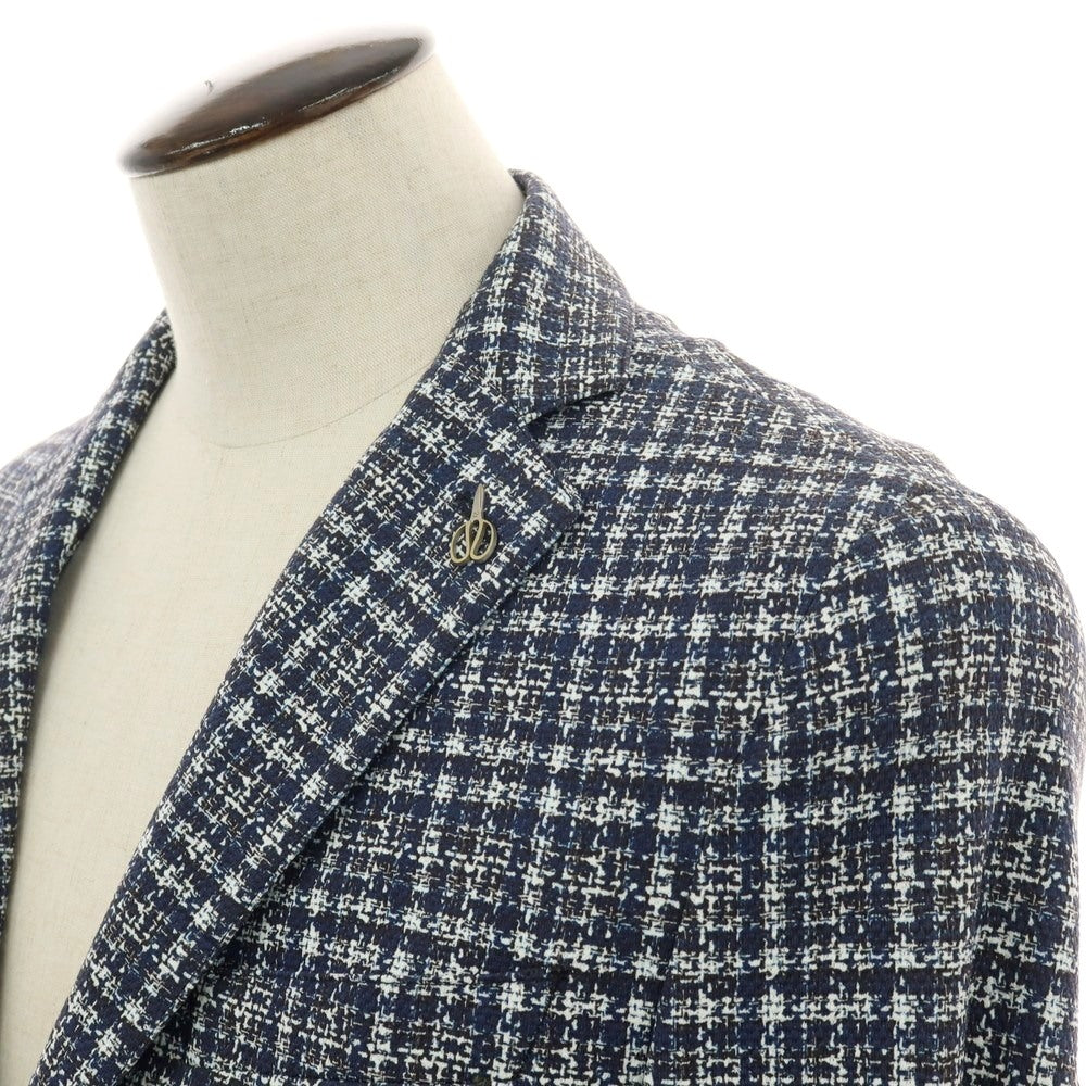 【新品】パオローニ PAOLONI コットン ジャージー チェック プリント 2B カジュアルジャケット ネイビー【 50 】【 状態ランクN 】【 メンズ 】