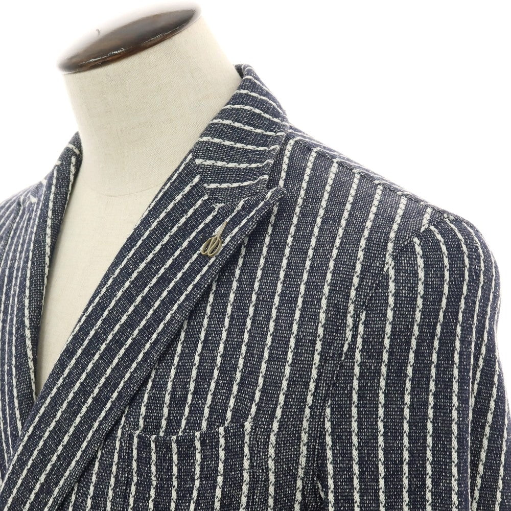 【新品】パオローニ PAOLONI コットンポリエステル ジャージー ストライプ ダブル4B カジュアルジャケット ダークネイビーxホワイト【サイズ50】【 状態ランクN 】【 メンズ 】