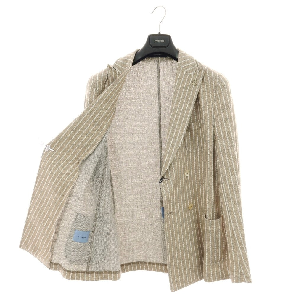 【新品】パオローニ PAOLONI コットンナイロン ジャージー ストライプ ダブル4B カジュアルジャケット ベージュxホワイト【サイズ50】【 状態ランクN 】【 メンズ 】