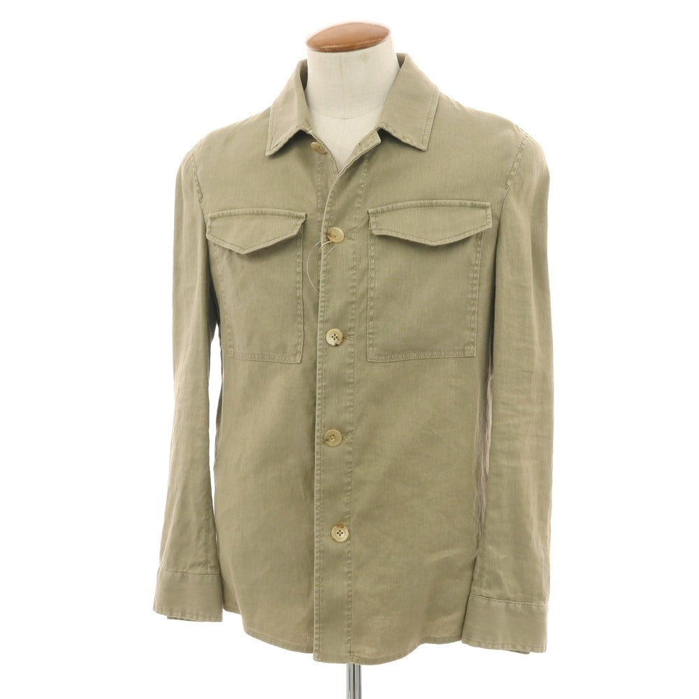 【新品アウトレット】パオローニ PAOLONI ストレッチ リネンコットン カジュアルシャツ カーキ【 48 】【 状態ランクN- 】【 メンズ 】