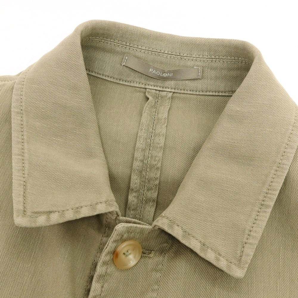 【新品アウトレット】パオローニ PAOLONI ストレッチ リネンコットン カジュアルシャツ カーキ【 48 】【 状態ランクN- 】【 メンズ 】