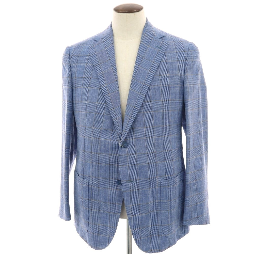 【新品】ラバッツォーロ RAVAZZOLO ウールシルクリネン グレンチェック 2B テーラードジャケット ライトブルー【サイズ50】【 状態ランクN 】【 メンズ 】