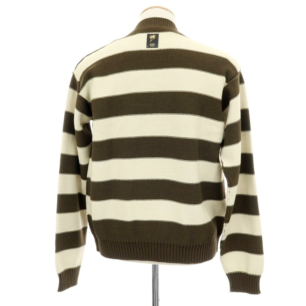 【新品】ヌメロ ヴェントゥーノ N°21 コットンナイロン ボーダー プルオーバーニット オリーブxアイボリー【 46 】【 状態ランクN 】【 メンズ 】