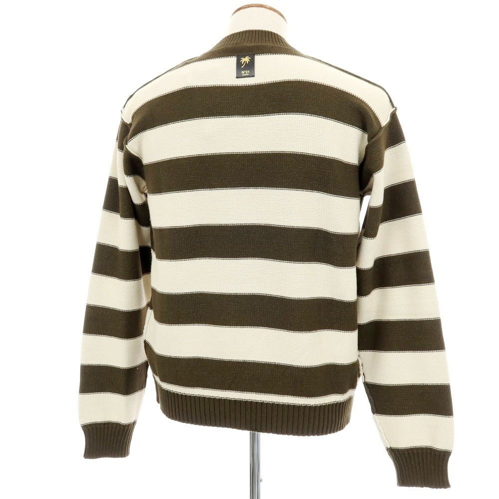 【新品】ヌメロ ヴェントゥーノ N°21 コットンナイロン ボーダー プルオーバーニット オリーブxオフホワイト【 48 】【 状態ランクN 】【 メンズ 】