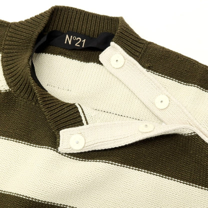 【新品】ヌメロ ヴェントゥーノ N°21 コットンナイロン ボーダー プルオーバーニット オリーブxオフホワイト【 48 】【 状態ランクN 】【 メンズ 】