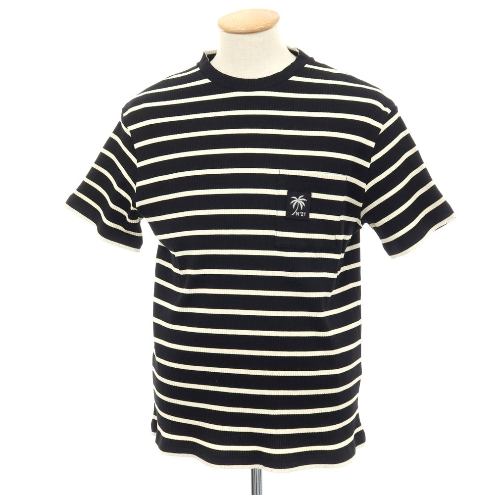 【新品】ヌメロ ヴェントゥーノ N°21 コットンジャージー ボーダー クルーネック リブ ポケット 半袖Ｔシャツ ブラックxアイボリー【サイズXS】【 状態ランクN 】【 メンズ 】[BPD]