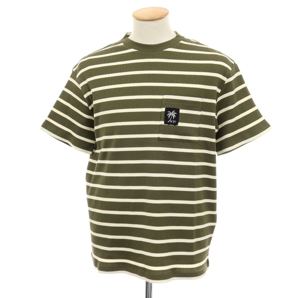 【新品】ヌメロ ヴェントゥーノ N°21 コットンジャージー ボーダー クルーネック リブ ポケット 半袖Ｔシャツ オリーブxアイボリー【 S 】【 状態ランクN 】【 メンズ 】