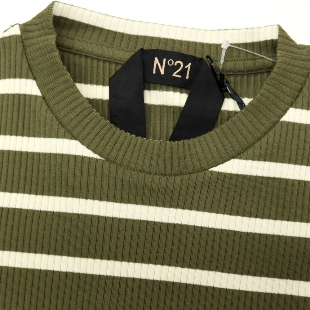 【新品】ヌメロ ヴェントゥーノ N°21 コットンジャージー ボーダー クルーネック リブ ポケット 半袖Ｔシャツ オリーブxアイボリー【サイズS】【 状態ランクN 】【 メンズ 】[DPD]