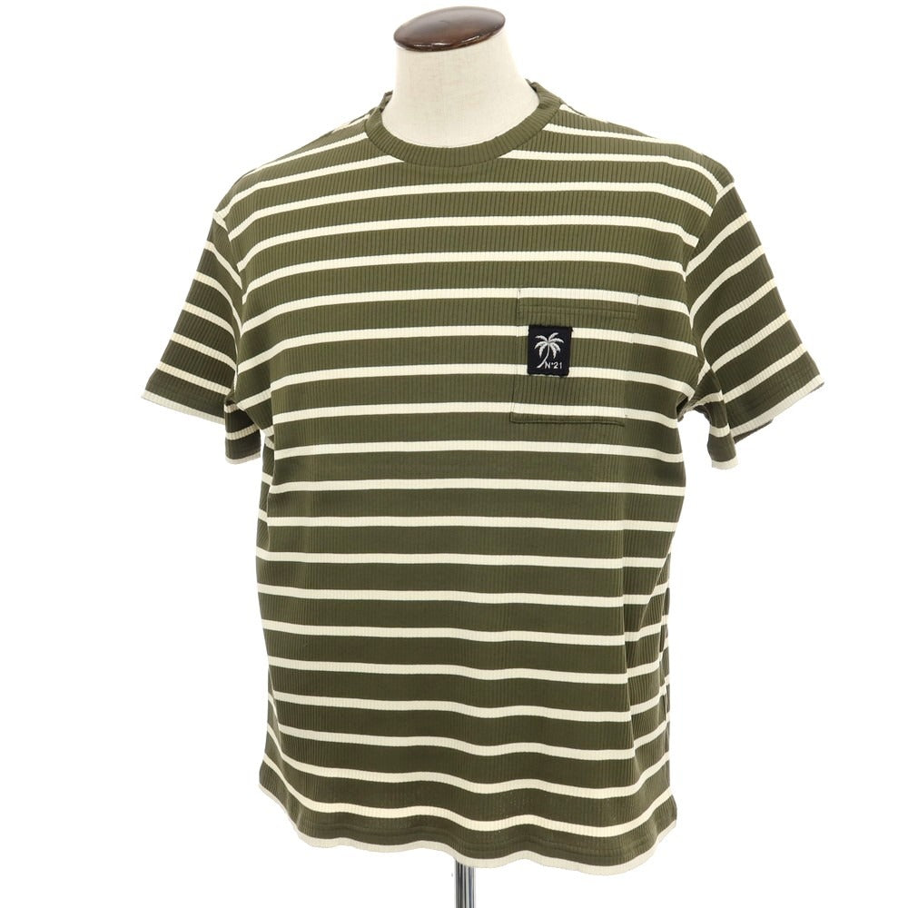 【新品】ヌメロ ヴェントゥーノ N°21 コットンジャージー ボーダー クルーネック リブ ポケット 半袖Ｔシャツ オリーブxアイボリー【サイズXL】【 状態ランクN 】【 メンズ 】[DPD]