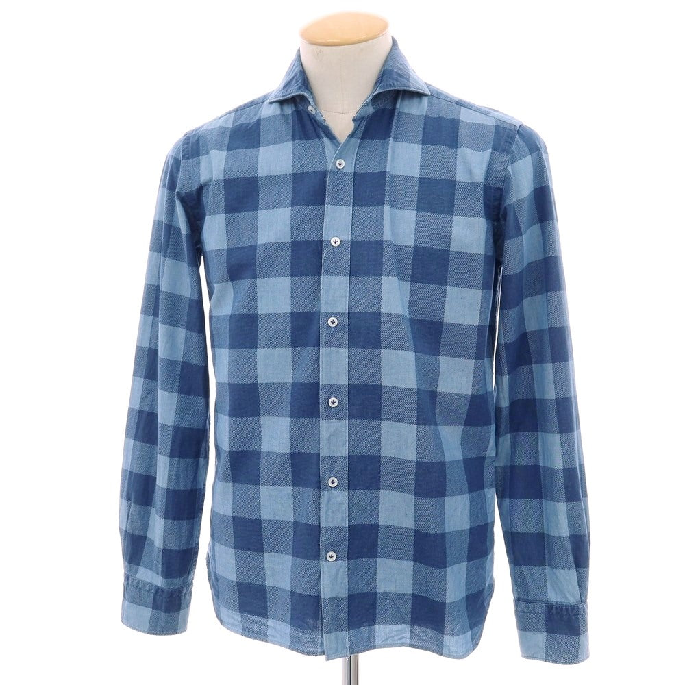【中古】オリアン ORIAN コットン チェック ホリゾンタルカラー カジュアルシャツ ブルー系【サイズS】【 状態ランクB 】【 メンズ 】