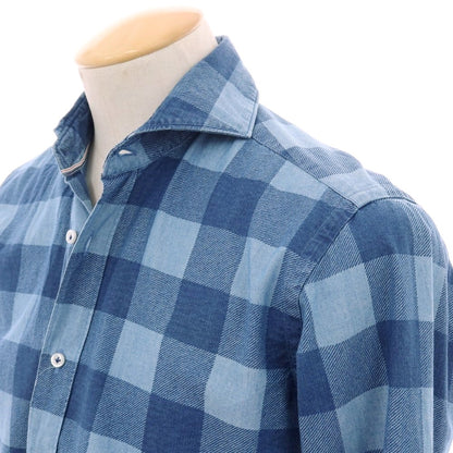 【中古】オリアン ORIAN コットン チェック ホリゾンタルカラー カジュアルシャツ ブルー系【サイズS】【 状態ランクB 】【 メンズ 】