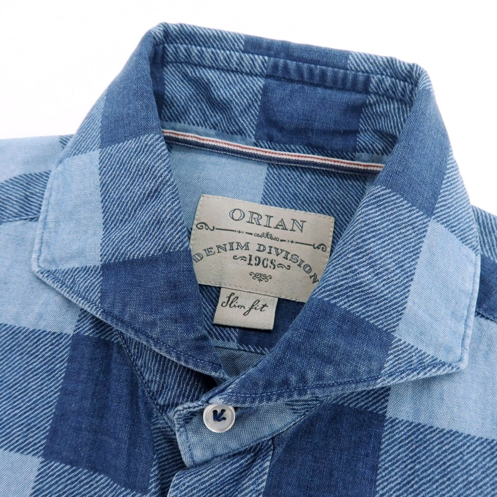 【中古】オリアン ORIAN コットン チェック ホリゾンタルカラー カジュアルシャツ ブルー系【サイズS】【 状態ランクB 】【 メンズ 】