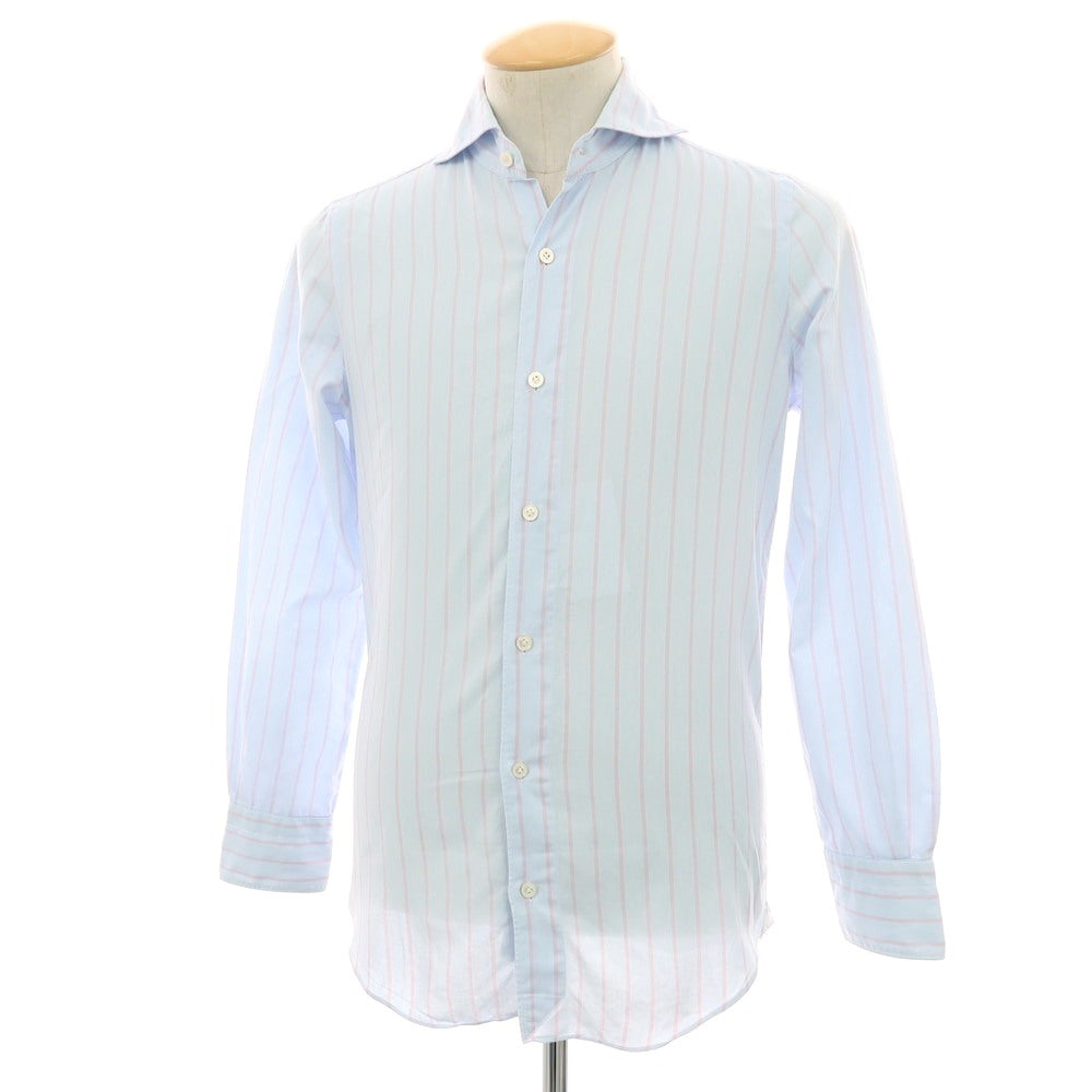 【中古】フィナモレ Finamore コットン ストライプ ホリゾンタルカラー カジュアルシャツ ライトブルーxピンク【サイズ表記なし（XS位）】【 状態ランクC 】【 メンズ 】