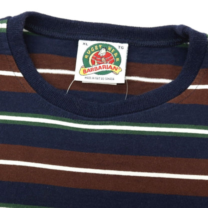 【中古】バーバリアン Barbarian コットン ボーダー クルーネック 長袖Ｔシャツ ブラウンxネイビー【 XL 】【 状態ランクC 】【 メンズ 】