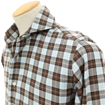 【中古】オリアン ORIAN コットン チェック ホリゾンタルカラー カジュアルシャツ ブラウンxホワイト【サイズXS】【 状態ランクC 】【 メンズ 】