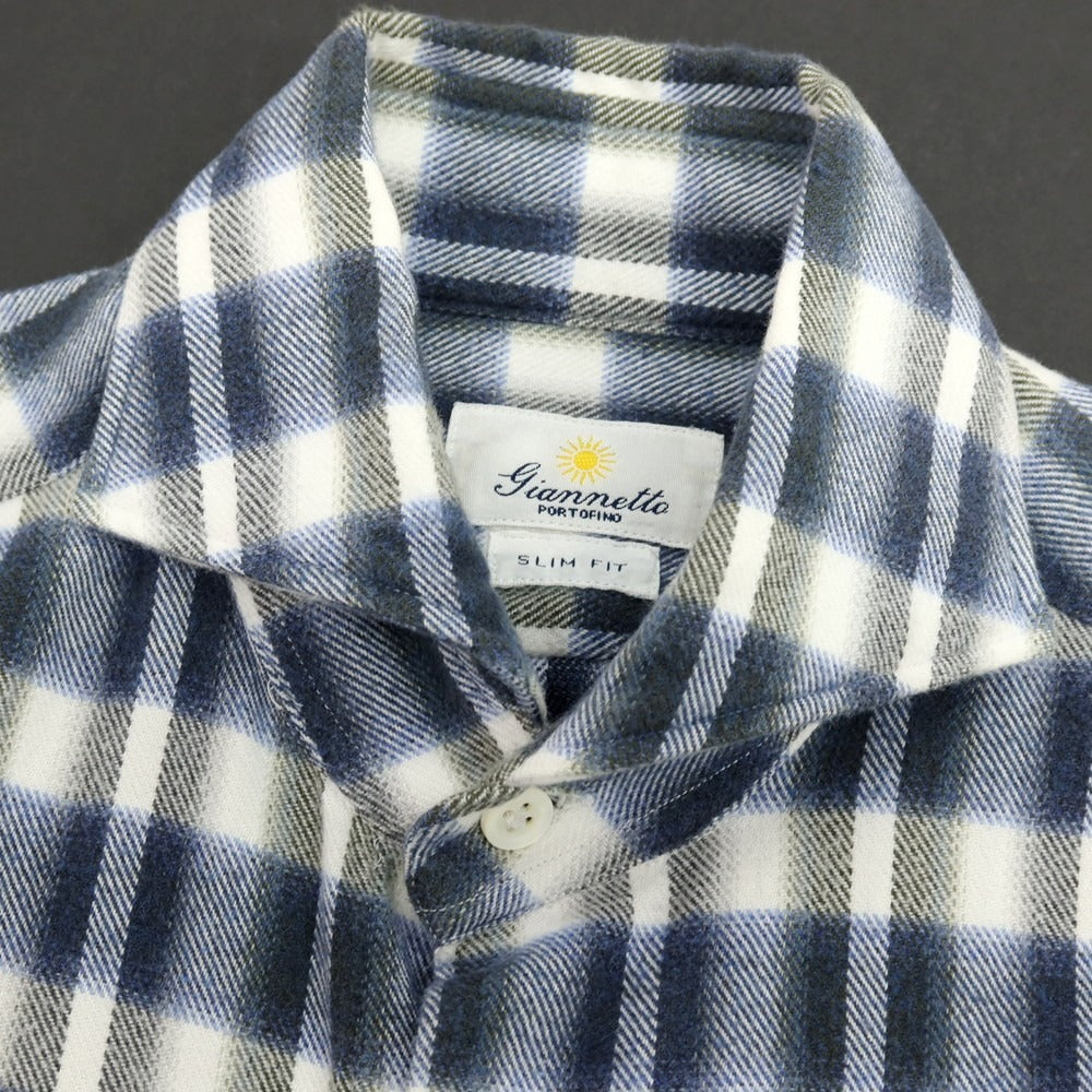 【中古】ジャンネット giannetto コットン チェック ホリゾンタルカラー カジュアルシャツ ネイビーxホワイト【サイズ37】【 状態ランクB 】【 メンズ 】[BPD]