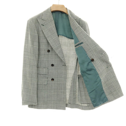 【中古】【未使用】ブリッラ ペル イル グスト Brilla per il gusto ウールシルクリネン グレンチェック ダブル6B テーラードジャケット グリーンxアイボリー【サイズ46】【 状態ランクS 】【 メンズ 】