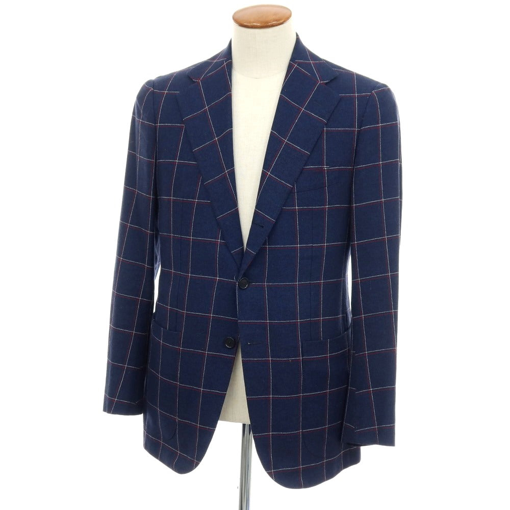 【中古】ソブリン SOVEREIGN ウールシルク3リネン チェック 3B テーラードジャケット ネイビーxレッド【サイズ46】【 状態ランクC 】【 メンズ 】
