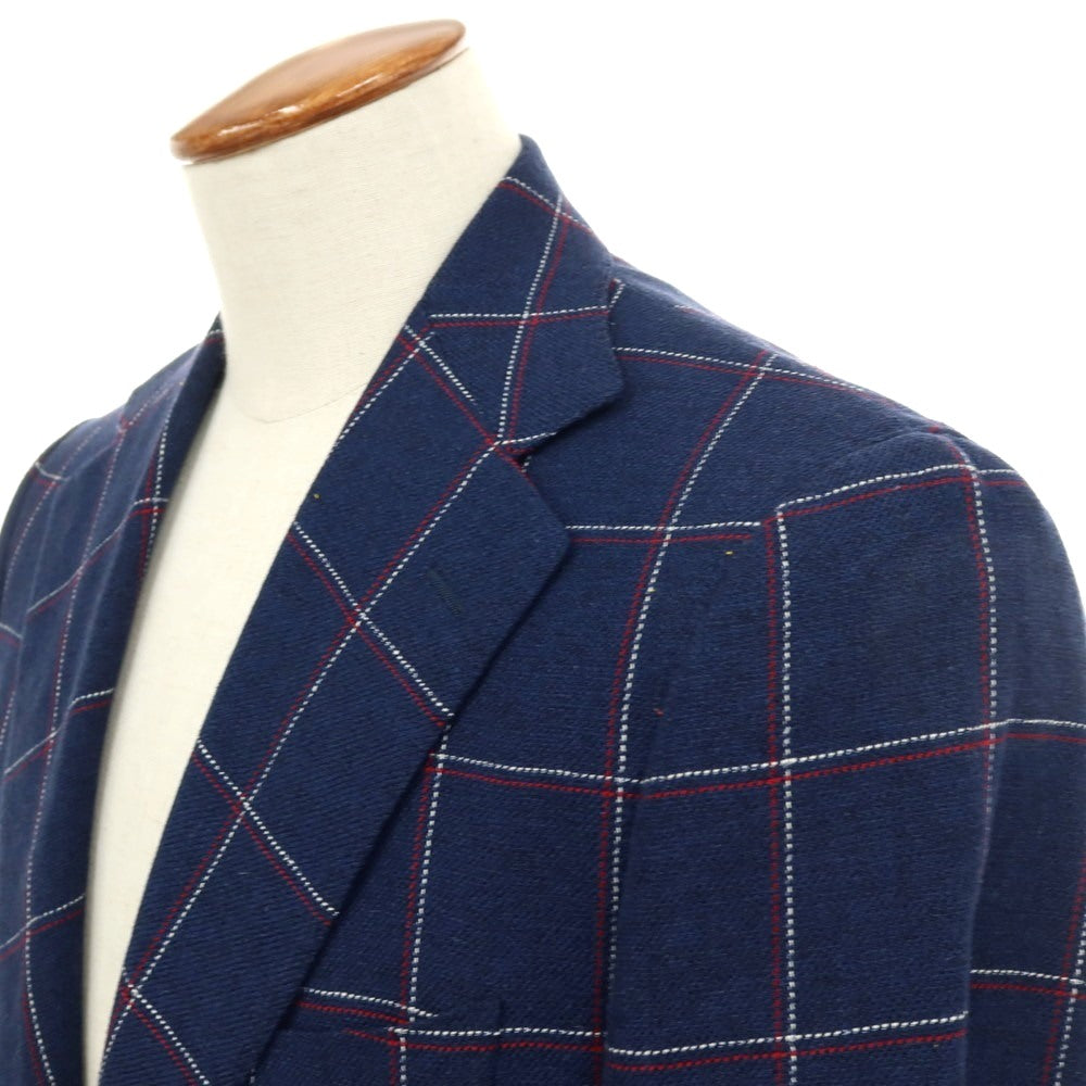 【中古】ソブリン SOVEREIGN ウールシルク3リネン チェック 3B テーラードジャケット ネイビーxレッド【サイズ46】【 状態ランクC 】【 メンズ 】