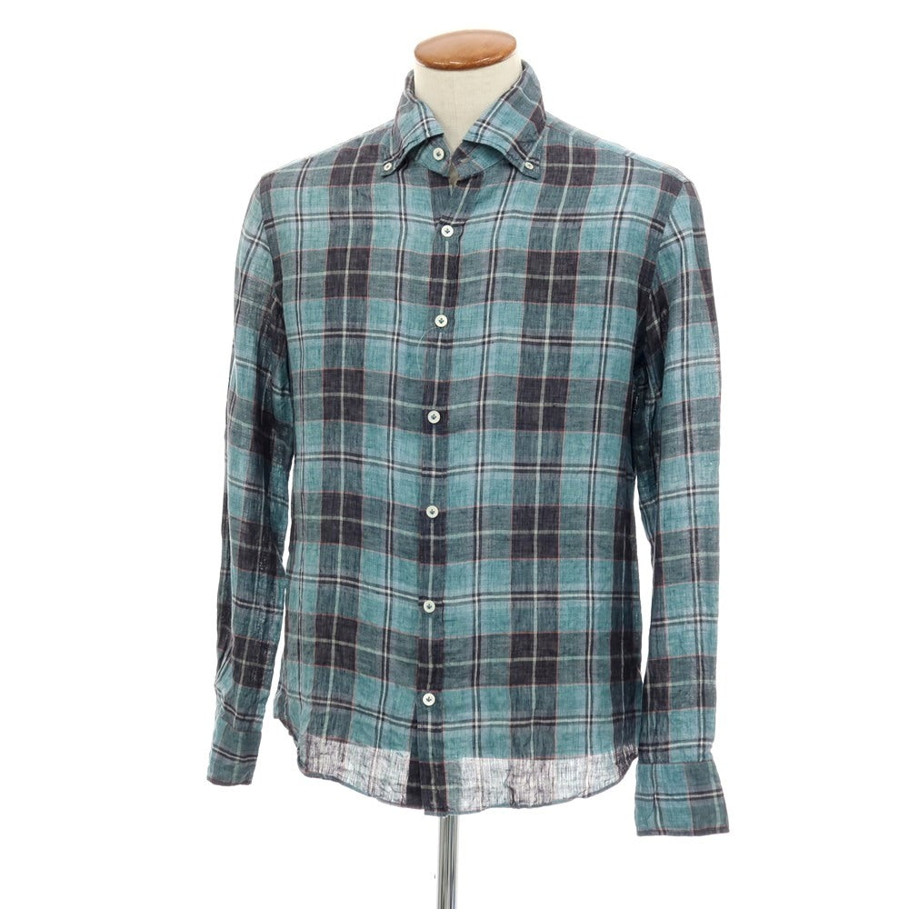 【中古】ジャンネット giannetto リネン チェック ボタンダウン カジュアルシャツ ブルーグリーン【サイズM】【 状態ランクC 】【 メンズ 】
