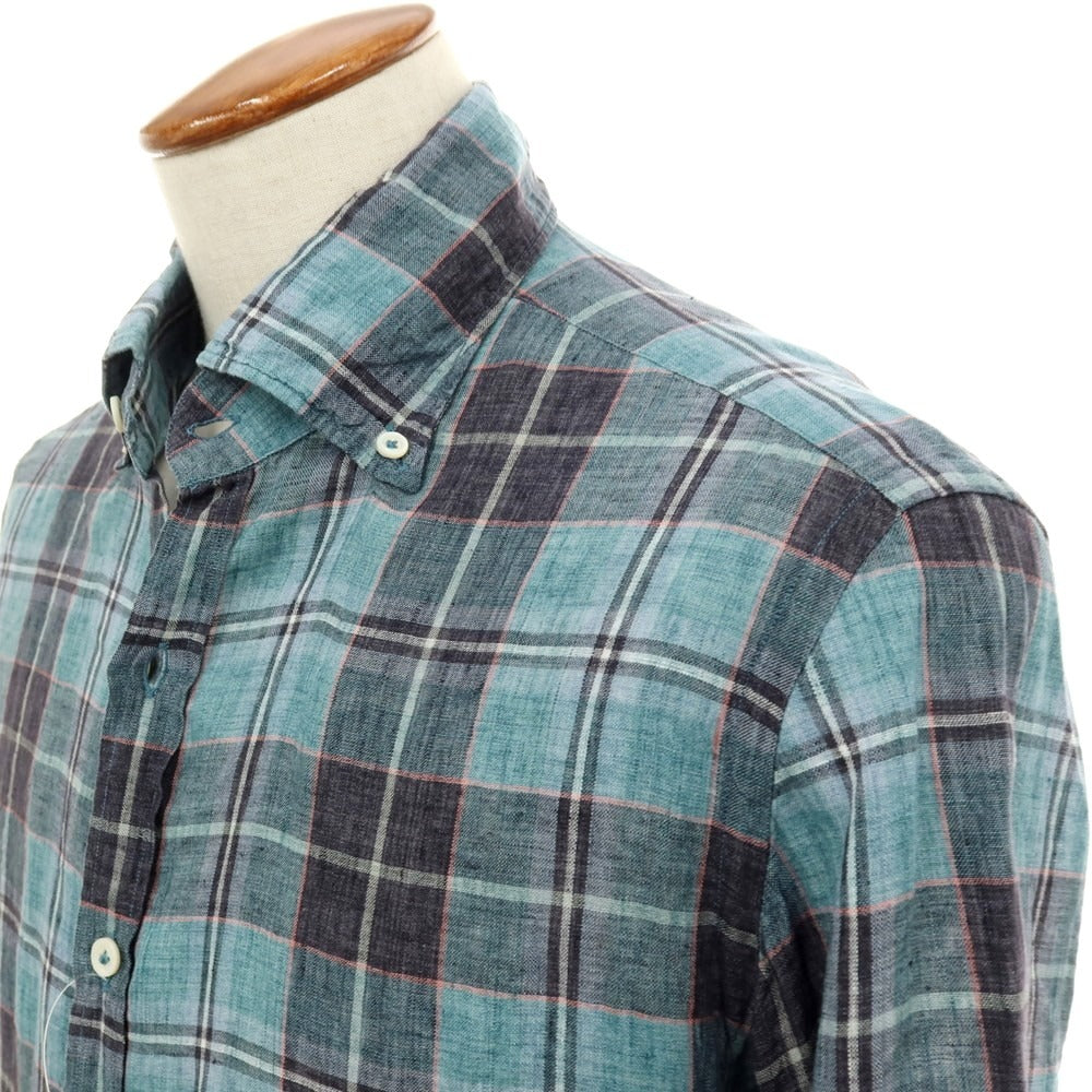 【中古】ジャンネット giannetto リネン チェック ボタンダウン カジュアルシャツ ブルーグリーン【サイズM】【 状態ランクC 】【 メンズ 】