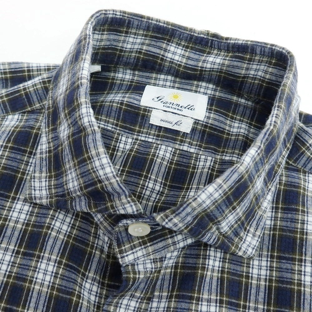 【中古】ジャンネット giannetto コットン チェック ワイドカラー カジュアルシャツ ネイビーxホワイト【サイズL】【 状態ランクC 】【 メンズ 】