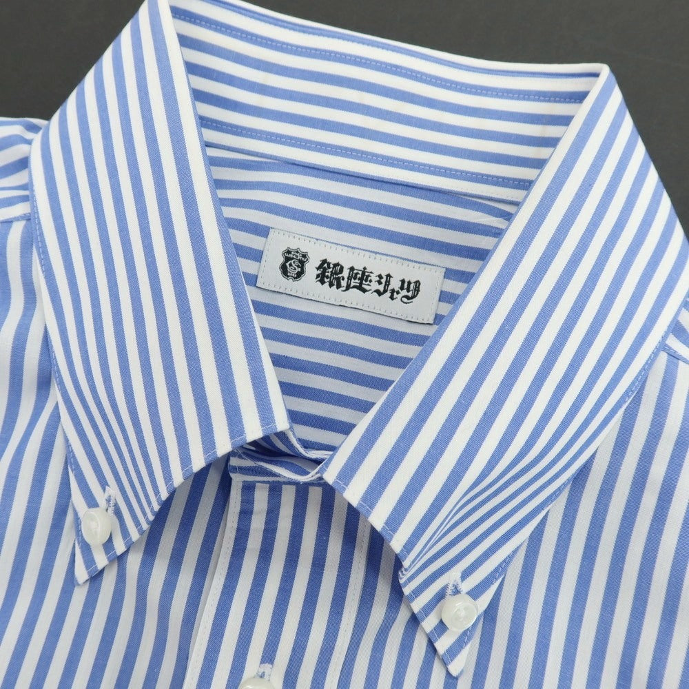 【中古】グローバルスタイル GLOBAL STYLE 銀座シャツ コットンポリエステル ストライプ ボタンダウン ドレスシャツ ブルーxホワイト【サイズ表記なし（M位）】【 状態ランクB 】【 メンズ 】[CPD]