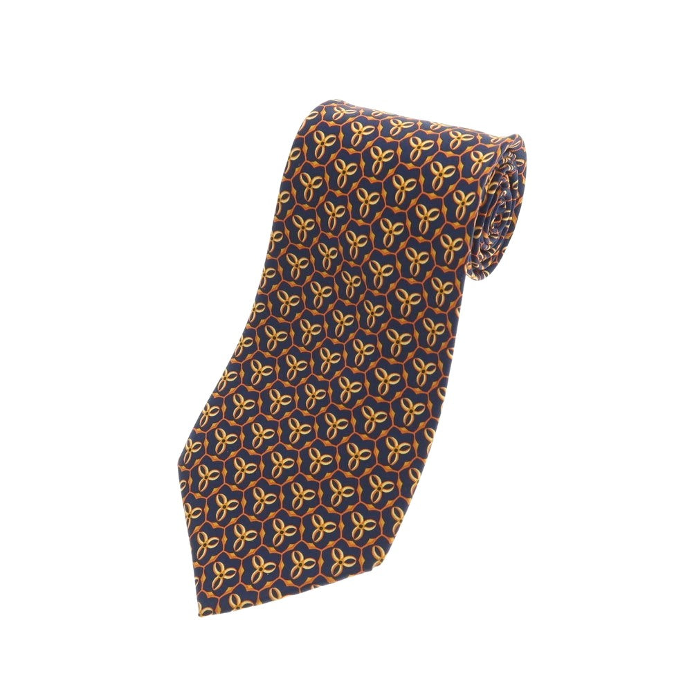 【中古】サルヴァトーレフェラガモ Salvatore Ferragamo シルク プリント 小紋柄ネクタイ ネイビーxオレンジ【 状態ランクA 】【 メンズ 】 [APD]