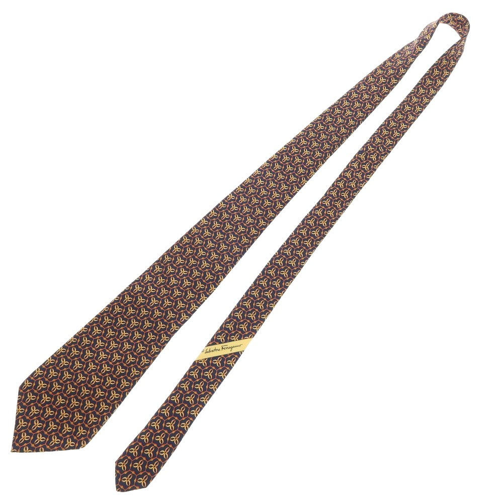 【中古】サルヴァトーレフェラガモ Salvatore Ferragamo シルク プリント 小紋柄ネクタイ ネイビーxオレンジ【 状態ランクA 】【 メンズ 】 [APD]
