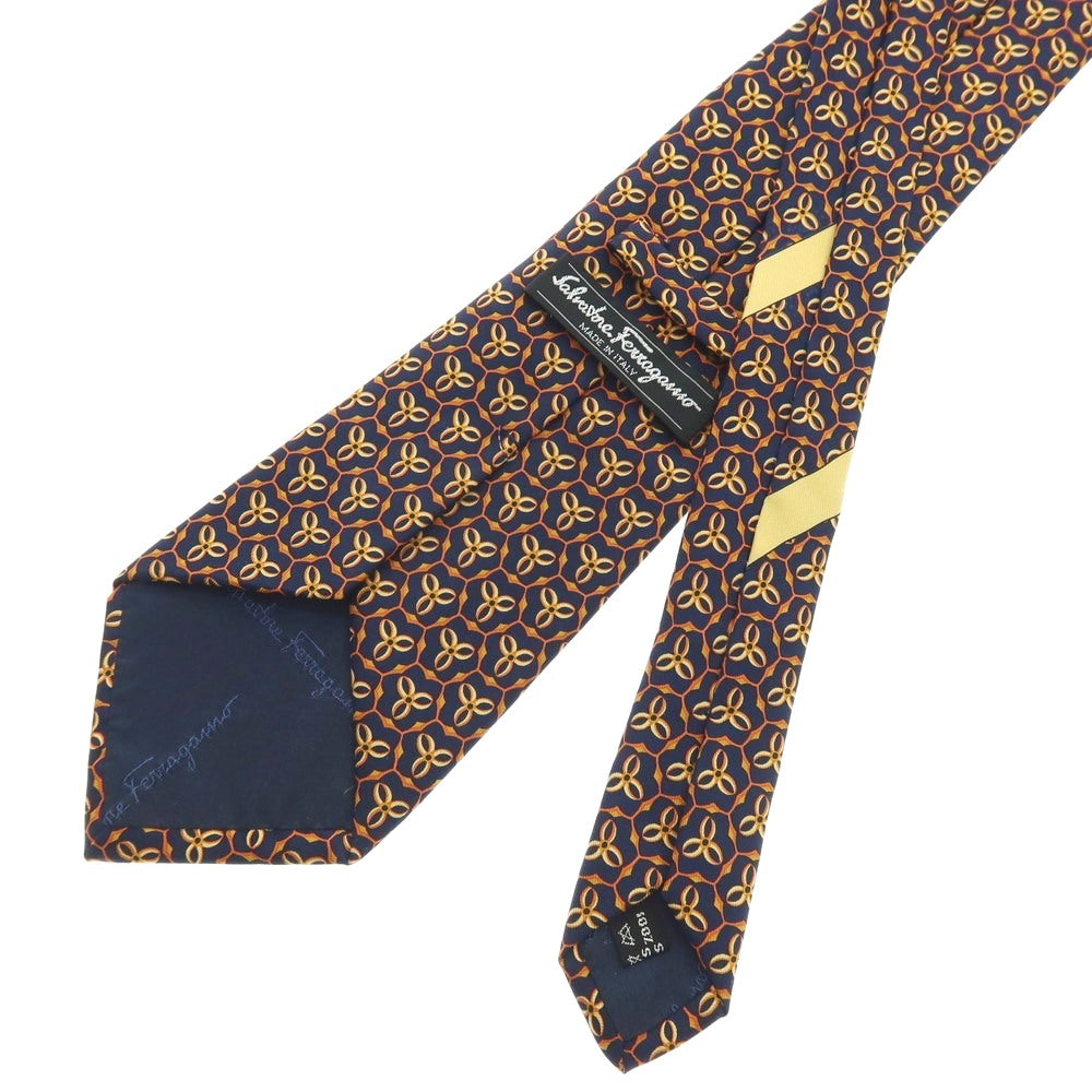 【中古】サルヴァトーレフェラガモ Salvatore Ferragamo シルク プリント 小紋柄ネクタイ ネイビーxオレンジ【 状態ランクA 】【 メンズ 】 [APD]