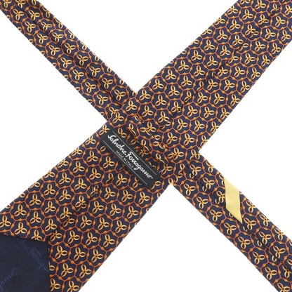 【中古】サルヴァトーレフェラガモ Salvatore Ferragamo シルク プリント 小紋柄ネクタイ ネイビーxオレンジ【 状態ランクA 】【 メンズ 】